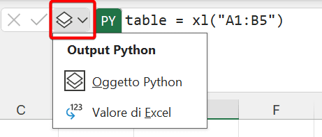 python in excel, selezione tipo output