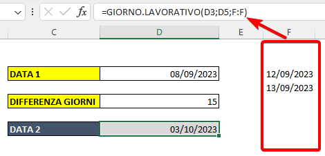 Formula GIORNO LAVORATIVO con parametro vacanze in Excel