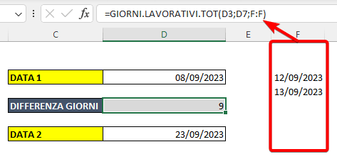 Differenza in giorni lavorativi tra due date in Excel, con parametro vacanze