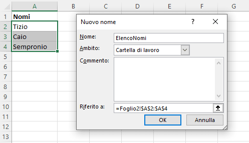 creare nome da elenco celle di Excel