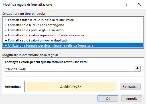 Formula formattazione condizionale Excel per evidenziare il giorno attuale