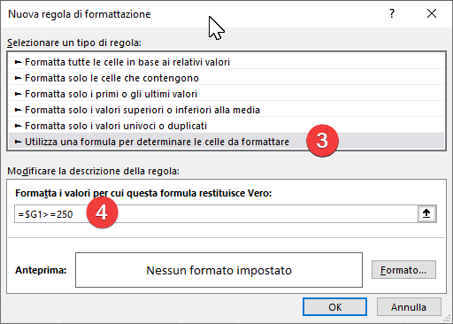 Inserire la formula per la formattazione condizionale avanzata di Excel