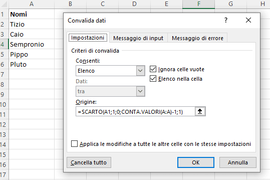 elenco a discesa con formula scarto Excel