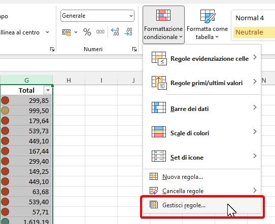 Gestisci regole di formattazione condizionale excel.