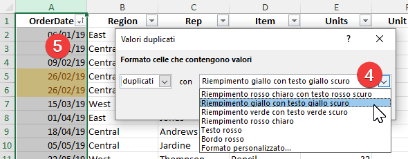 Regola di formattazione condizionale in Excel in base ai valori duplicati.