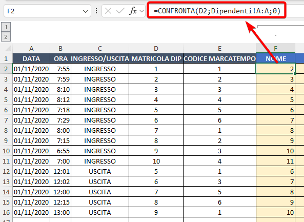 formula confronta per trovare la posizione della matricola di un dipendente