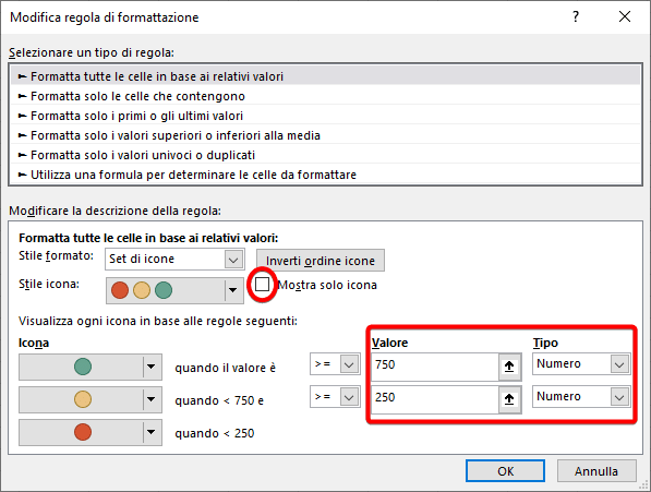 Personalizzare impostazioni regola di formattazione condizionale excel set di icone.