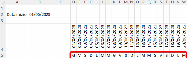 Iniziale del giorno della settimana excel