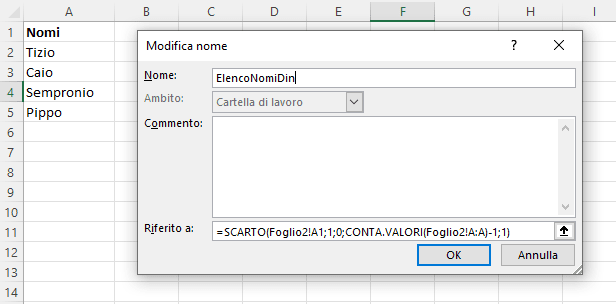 creare nome dinamico con formula scarto Excel