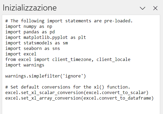 python in excel, inizializzazione librerie incluse
