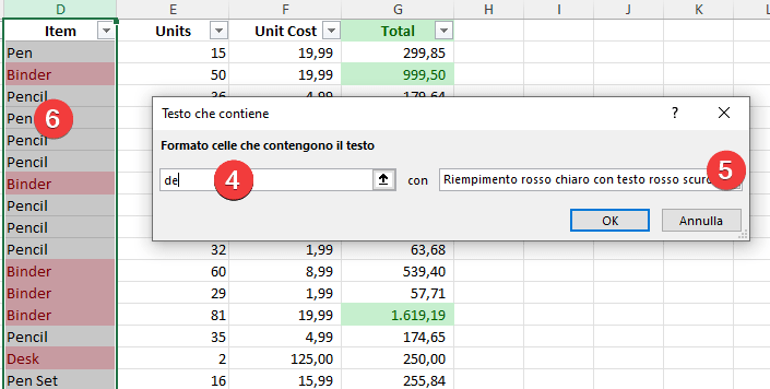 Regola di formattazione condizionale in Excel in base al testo contenente.