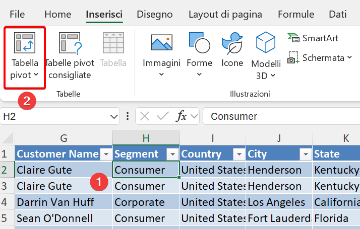 slicers in dashboard Excel, inserire tabella pivot