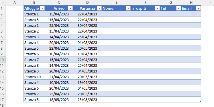 Tabella prenotazioni compilata