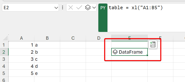 python in excel, output dataframe