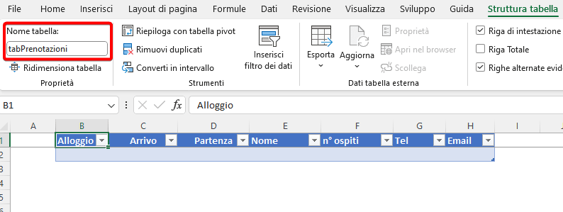 Tabella prenotazioni