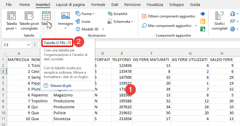 Creare una tabella Excel con scorciatoria da tastiera CTRL+T