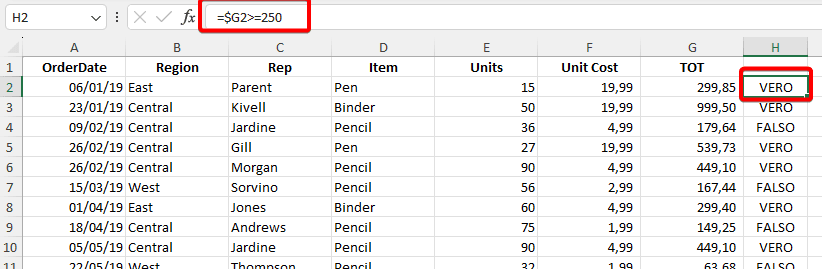 Formula che restituisce valore booleano per formattazione condizionale avazata di Excel