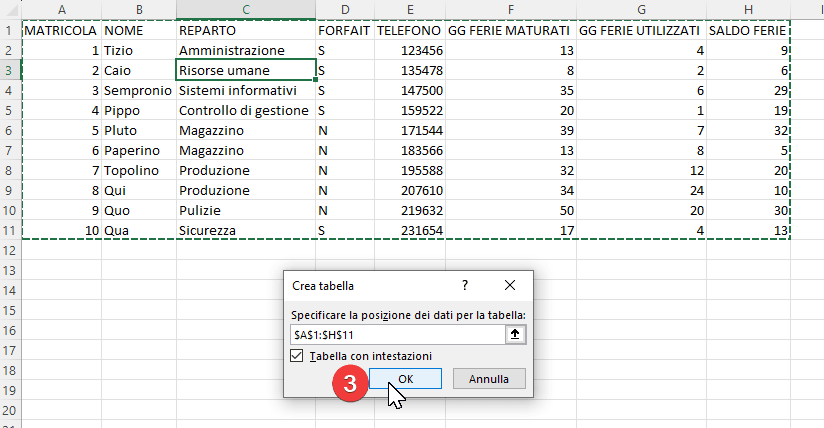 Finestra di selezione intervallo per creazione tabella Excel con intestazioni