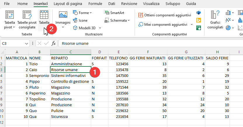 Creare una tabella Excel dal menu inserisci