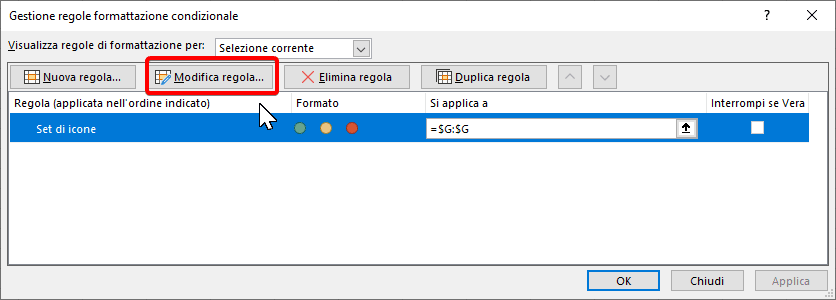 Modifica regola di formattazione condizionale in Excel.