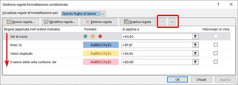 Gestire l'ordinamento delle regole di formattazione condizionale in Excel.