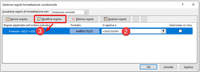 Modificare il campo di applicazione di una regola di formattazione condizionale di Excel