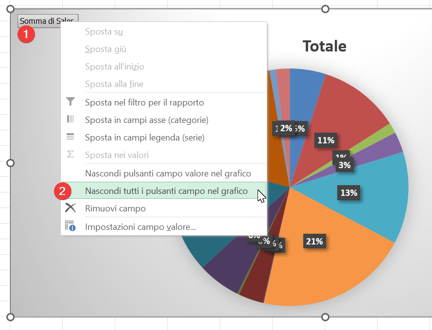 dashboard Excel, nascondi pulsanti grafico pivot