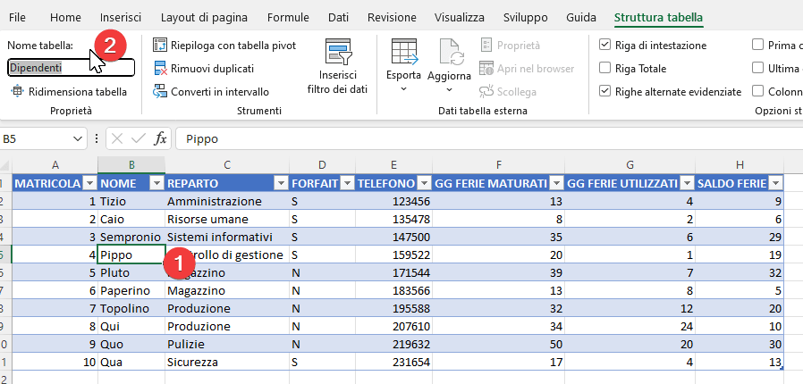 Assegnare un nome personalizzato alla tabella Excel