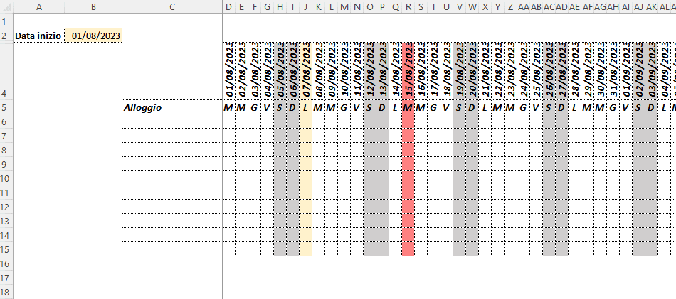 Calendario in Excel con formattazione condizionale di base