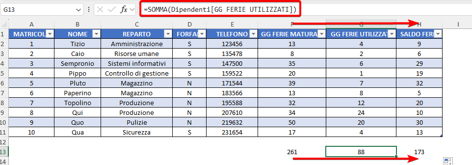 trascinare i riferimenti strutturati alle tabelle nelle formule excel