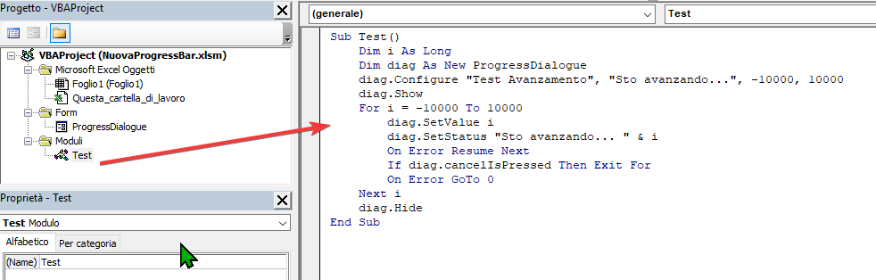 codice vba modulo Test