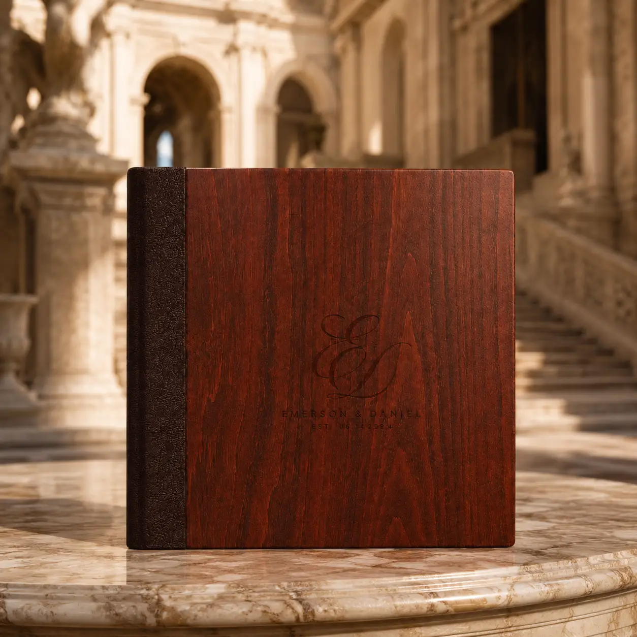 Wooden photo album with engraved cover