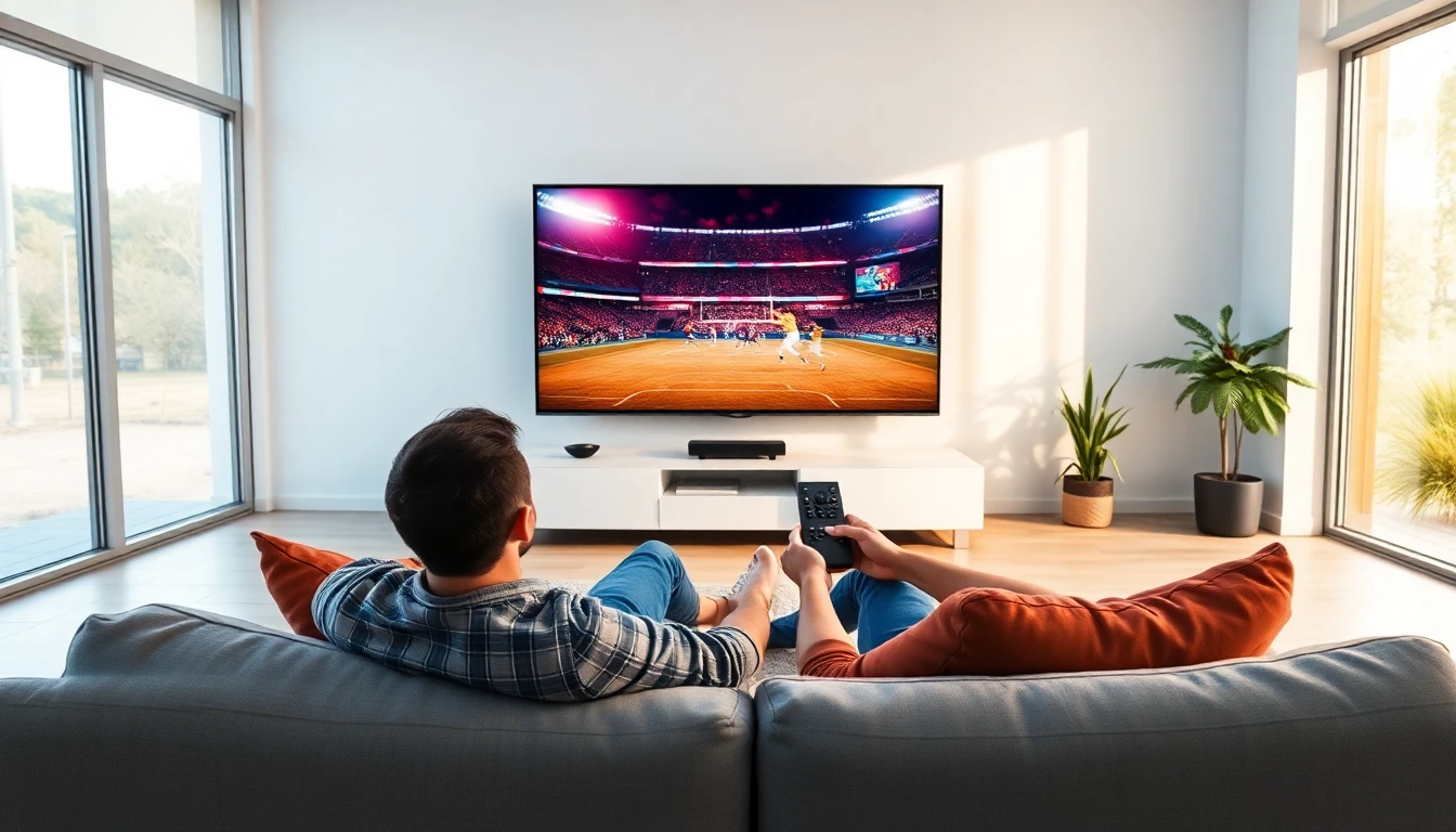 User relaxing in a modern living room watching IPTV on a large TV, representing the need for easy and fast IPTV access