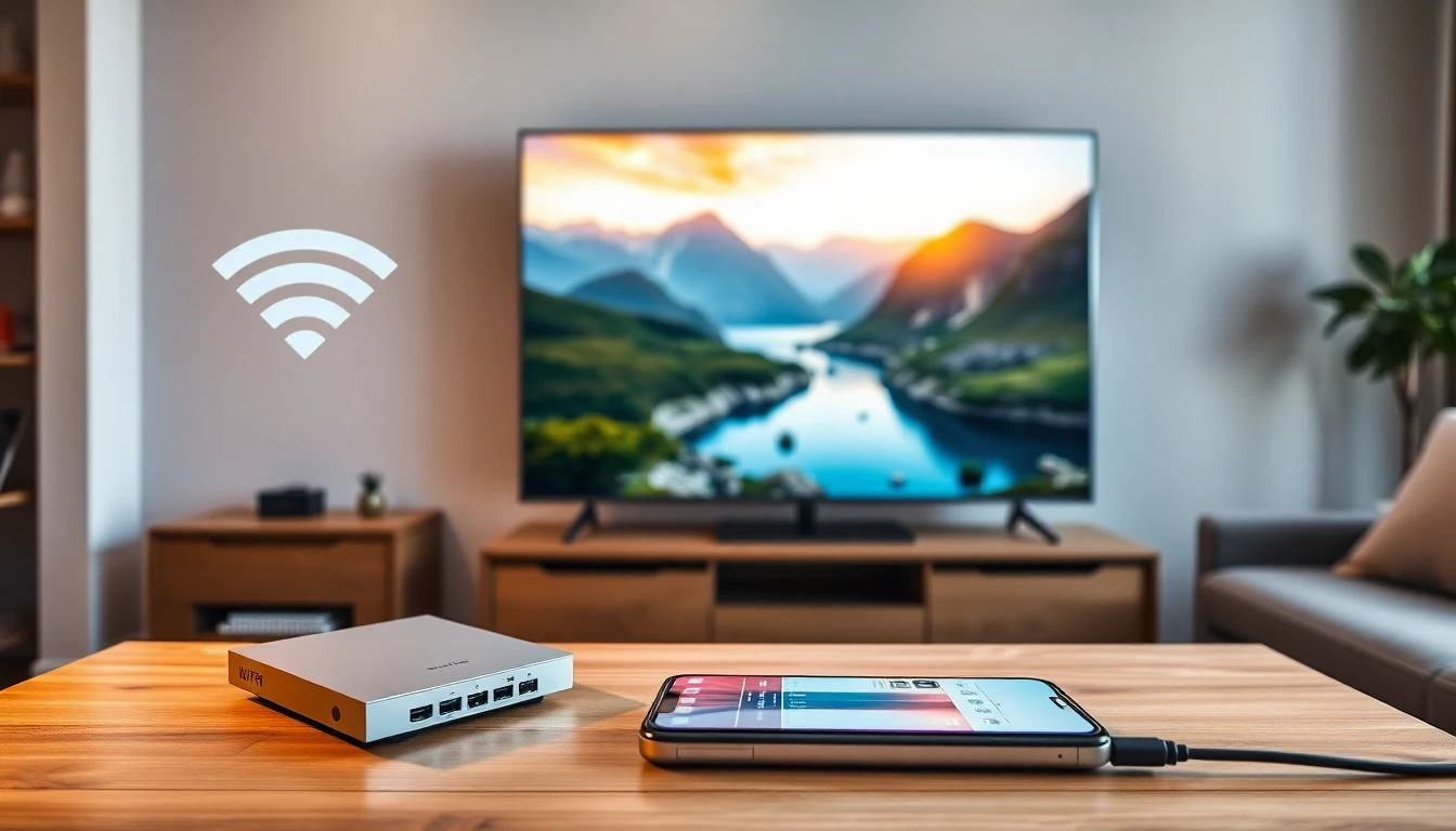 Infographic showing IPTV optimization: a Wi-Fi router with strong signal, a TV displaying smooth streaming without buffering, adjustment sliders for quality and decoder settings, and icons of Ethernet cable, 5 GHz Wi-Fi, and an EPG calendar, in a sleek minimalist tech design.