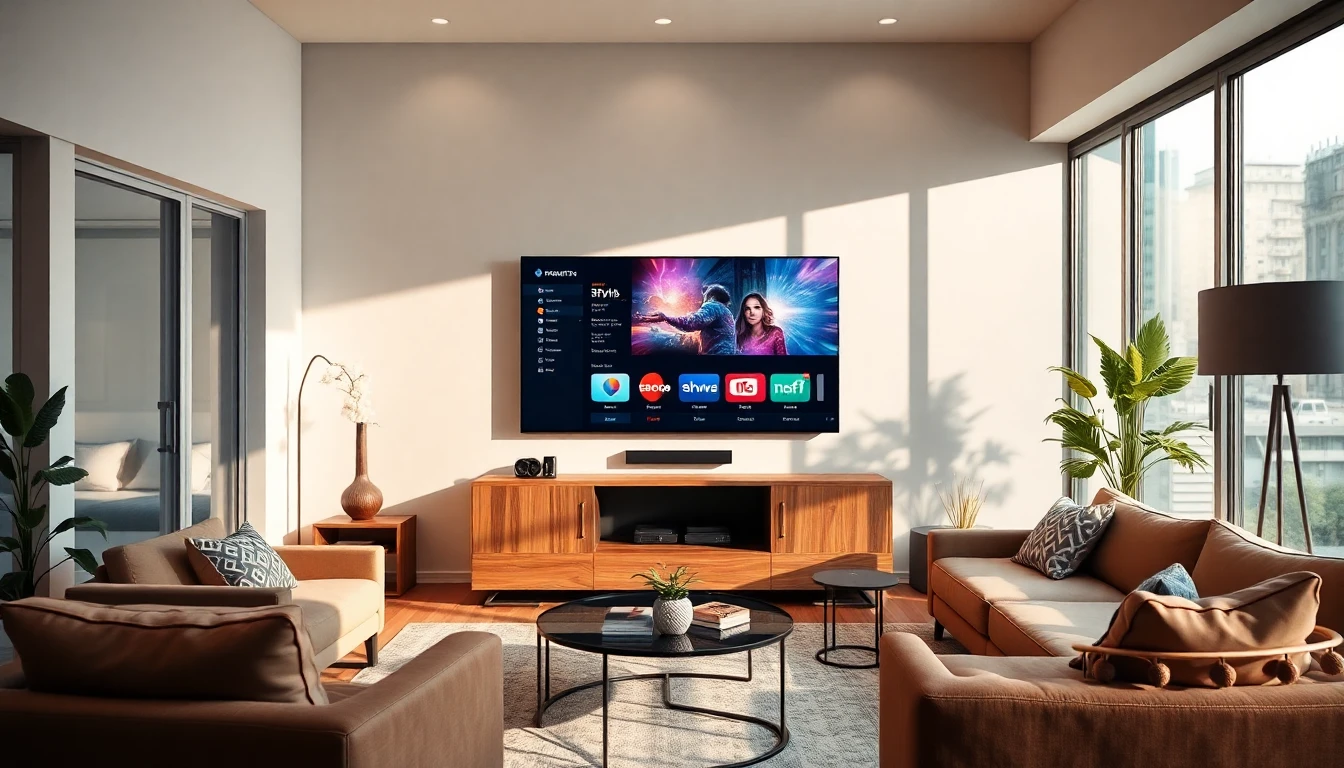 Front view of a rectangular Smart TV showing the Code IPTV Smarters interface in a cozy living room