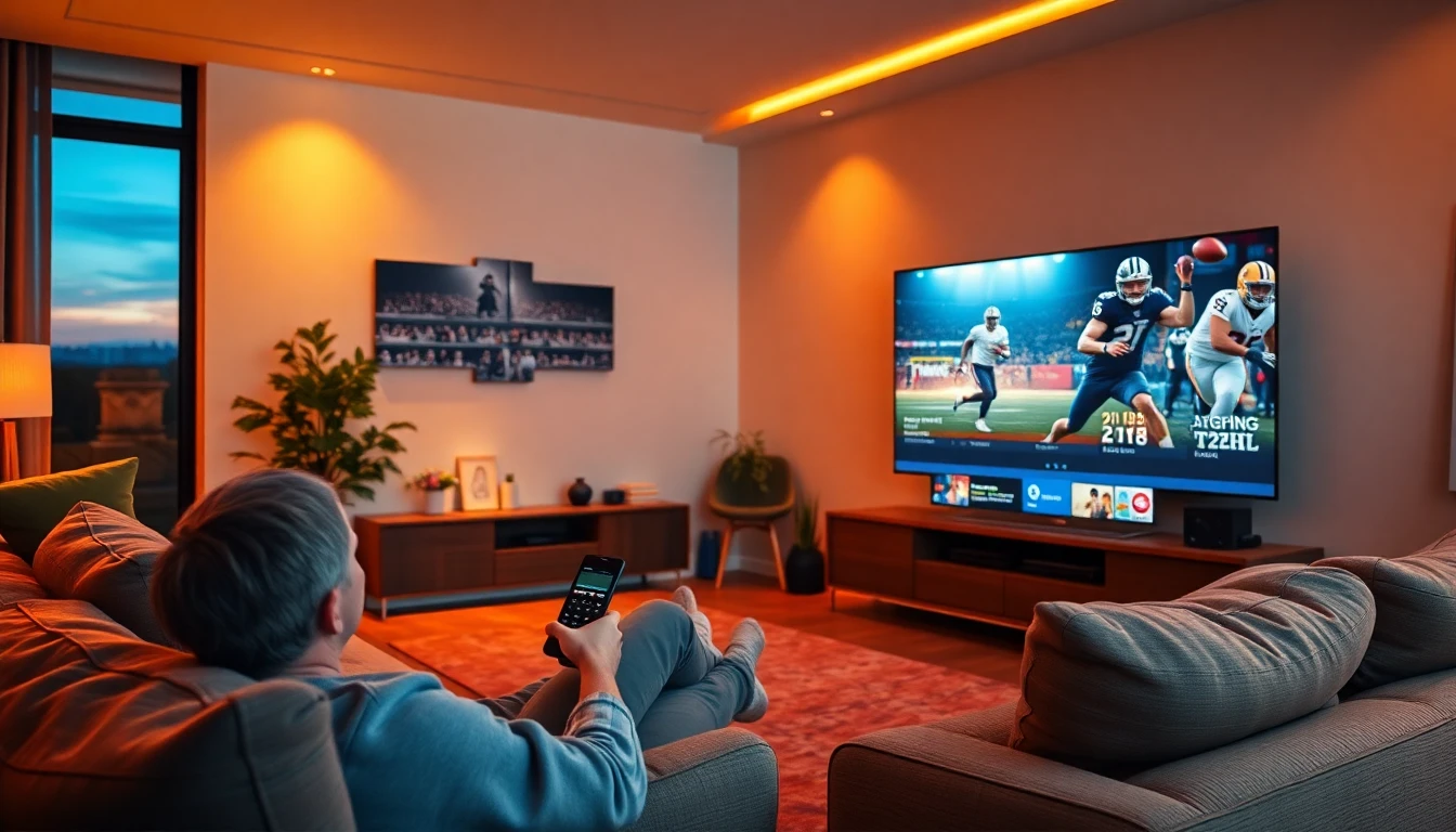 User enjoying IPTV Smarters Pro on a Smart TV showing live channels and movies in a cozy living room.