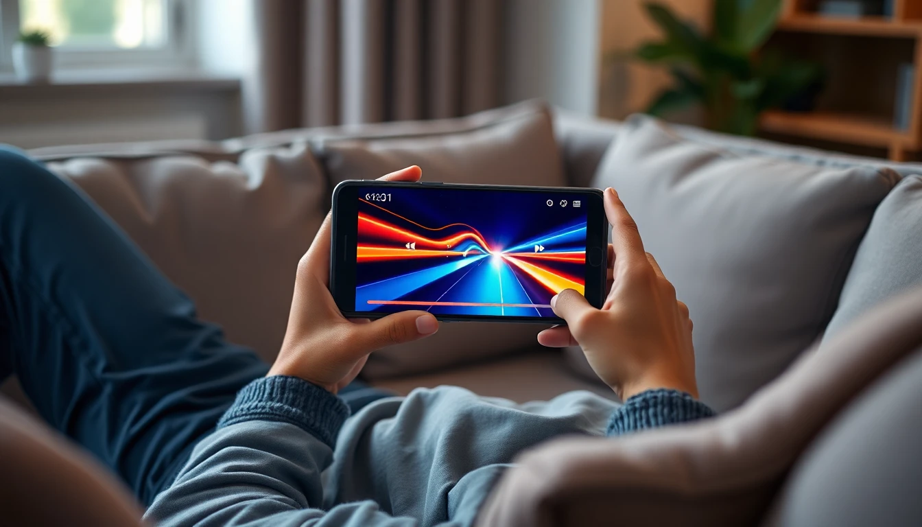 Person watching streaming television on an Android device using Pure IPTV APK, surrounded by glowing icons and digital waves symbolizing online entertainment and modern IPTV technology.