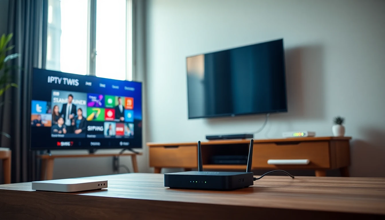 Modern living room showing Smart TV, router, and Android TV box illustrating IPTV installation setup