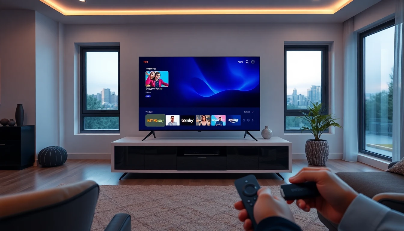 Firestick and Android TV setup running IPTV apps in a stylish modern living room for immersive streaming with IPTV subscribe