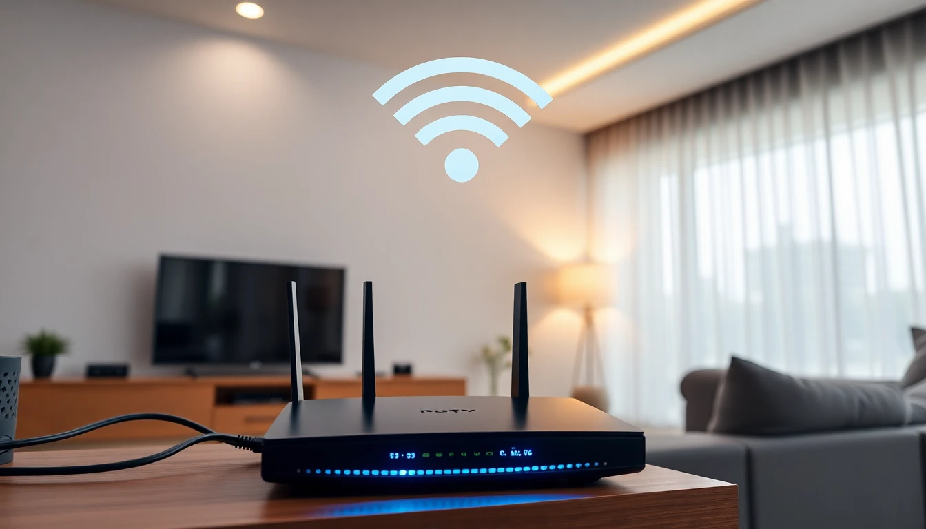 “Dynamic visual showing Ethernet connection, Wi-Fi 5 GHz, and strong router signal to illustrate IPTV performance optimization.