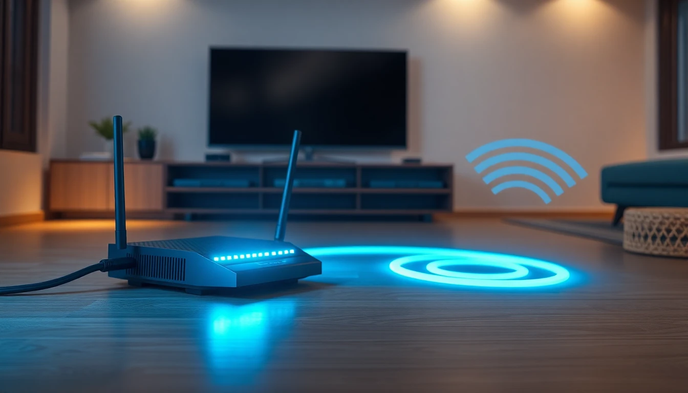 Modern image showing a TV setup with Ethernet connection and strong Wi-Fi signals, representing optimized IPTV stability and quality.