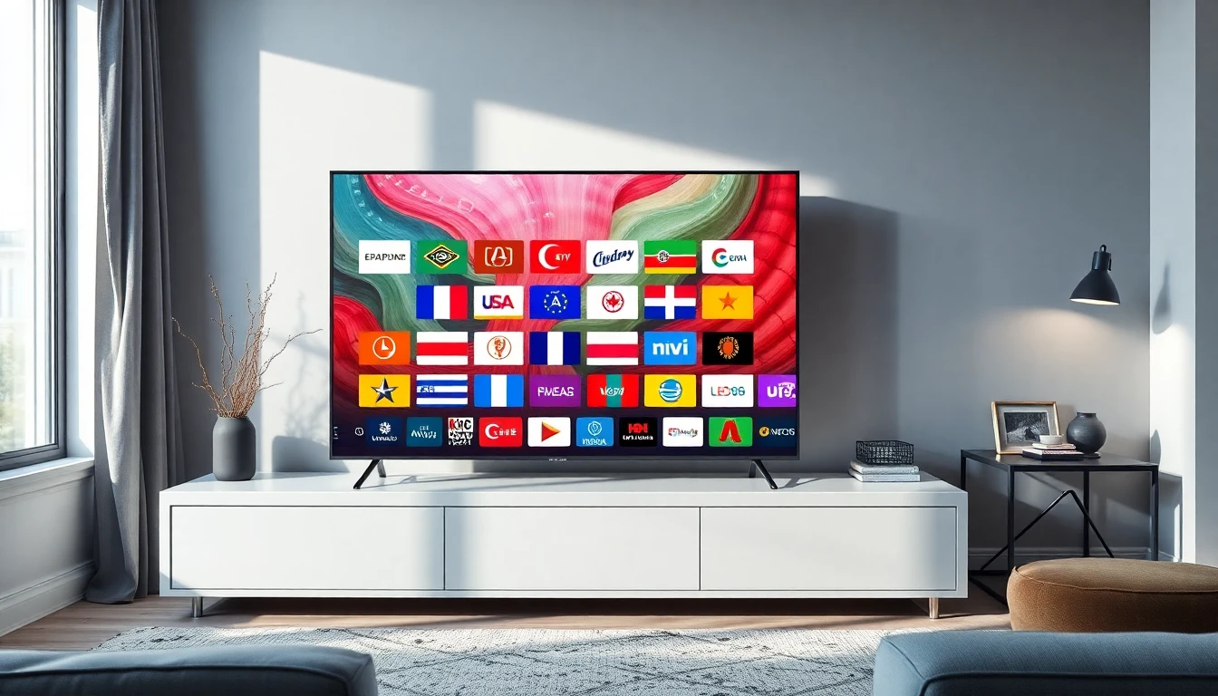 Téléviseur intelligent affichant une interface IPTV européenne avec de nombreuses chaînes de l'UE dans un salon moderne.