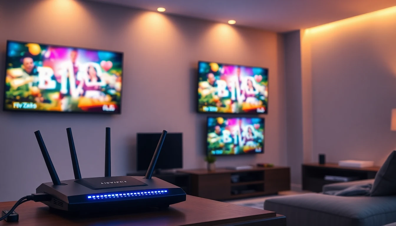 A high-tech visualization of streaming performance: multiple TV screens showing live channels, graphs of network speed and stability, Wi-Fi router and Ethernet cable highlighted. Evening ambiance, realistic digital art, professional infographic style emphasizing smooth IPTV streaming and stable connection. 