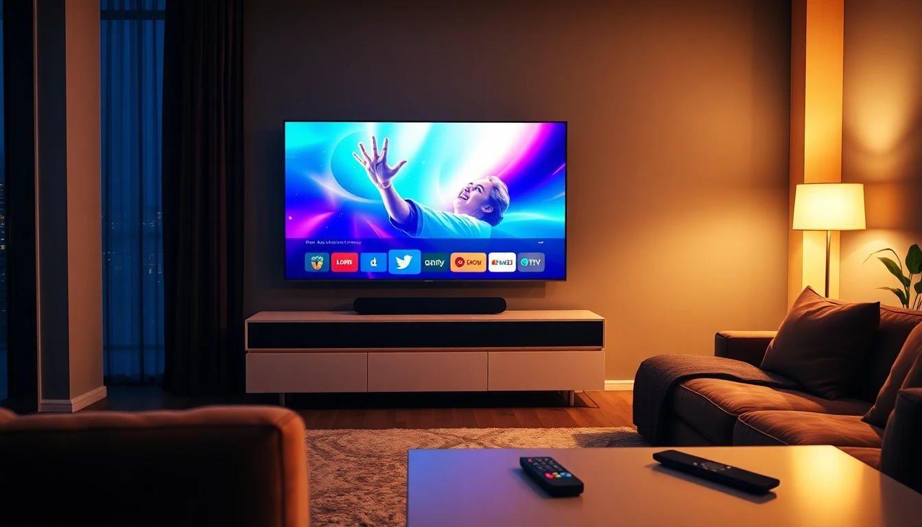 Modern living room with smart TV showcasing IPTV apps for IPTV subscribe, perfect for exploring subscriptions