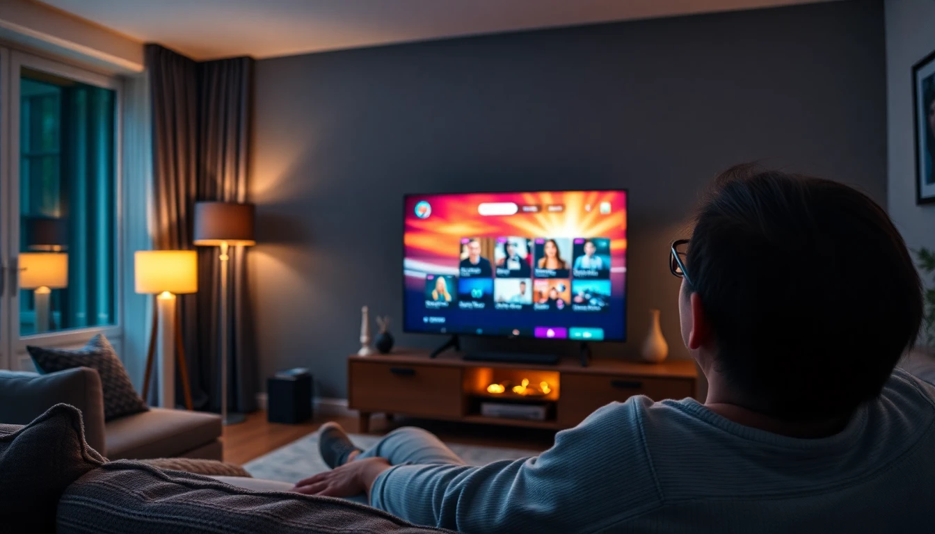 user enjoying ip tv subscription streaming on smart TV at night in cozy home