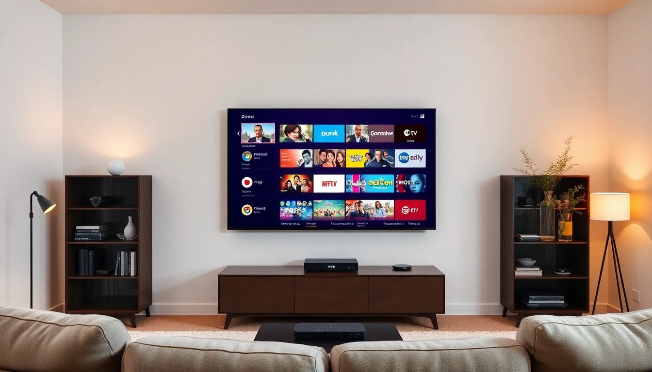 IPTVUK streaming service on smart TV showing multiple live channels in a modern UK home