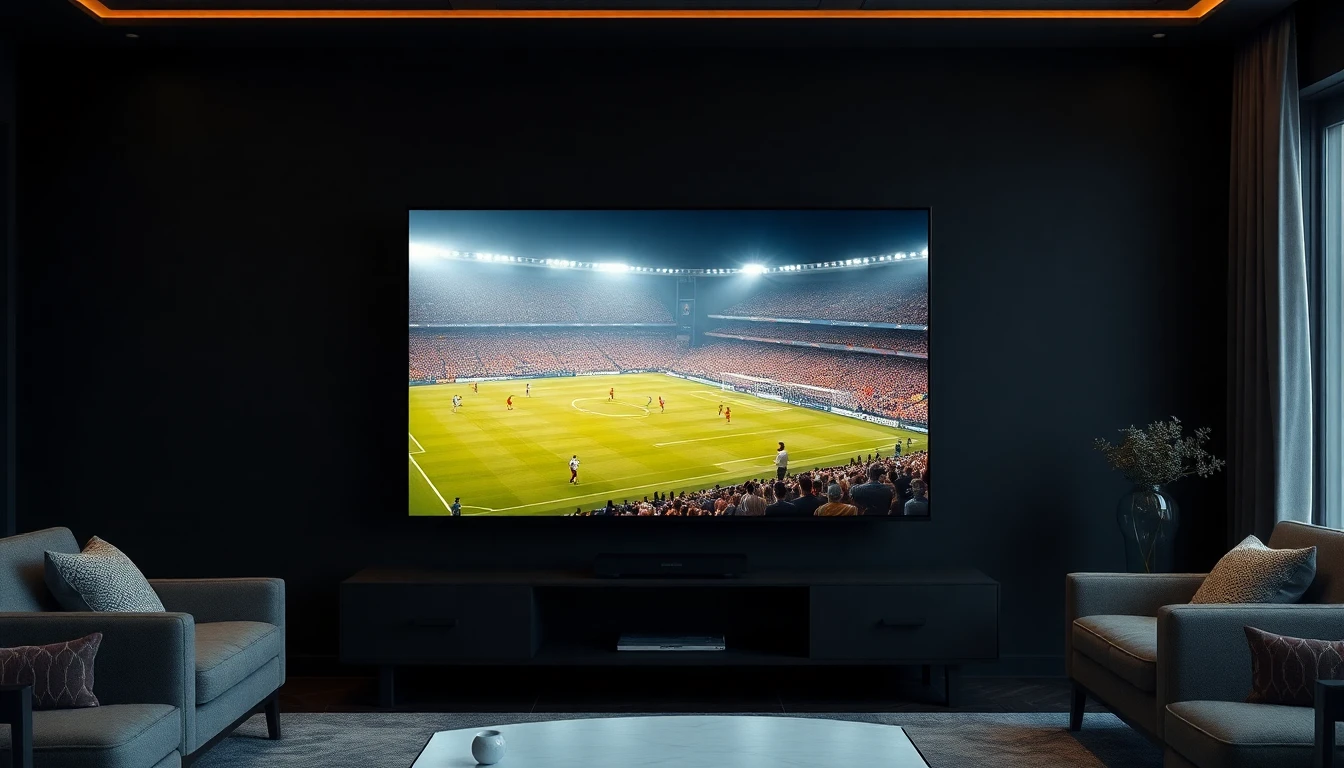 Ultra realistic sports streaming scene showing a football match on a large screen with crystal clear HD quality. The image emphasizes smooth playback, no buffering symbols, and intense stadium action. Focus on motion clarity, crowd energy, and premium streaming quality. Modern dark room environment, cinematic lighting, high contrast.
