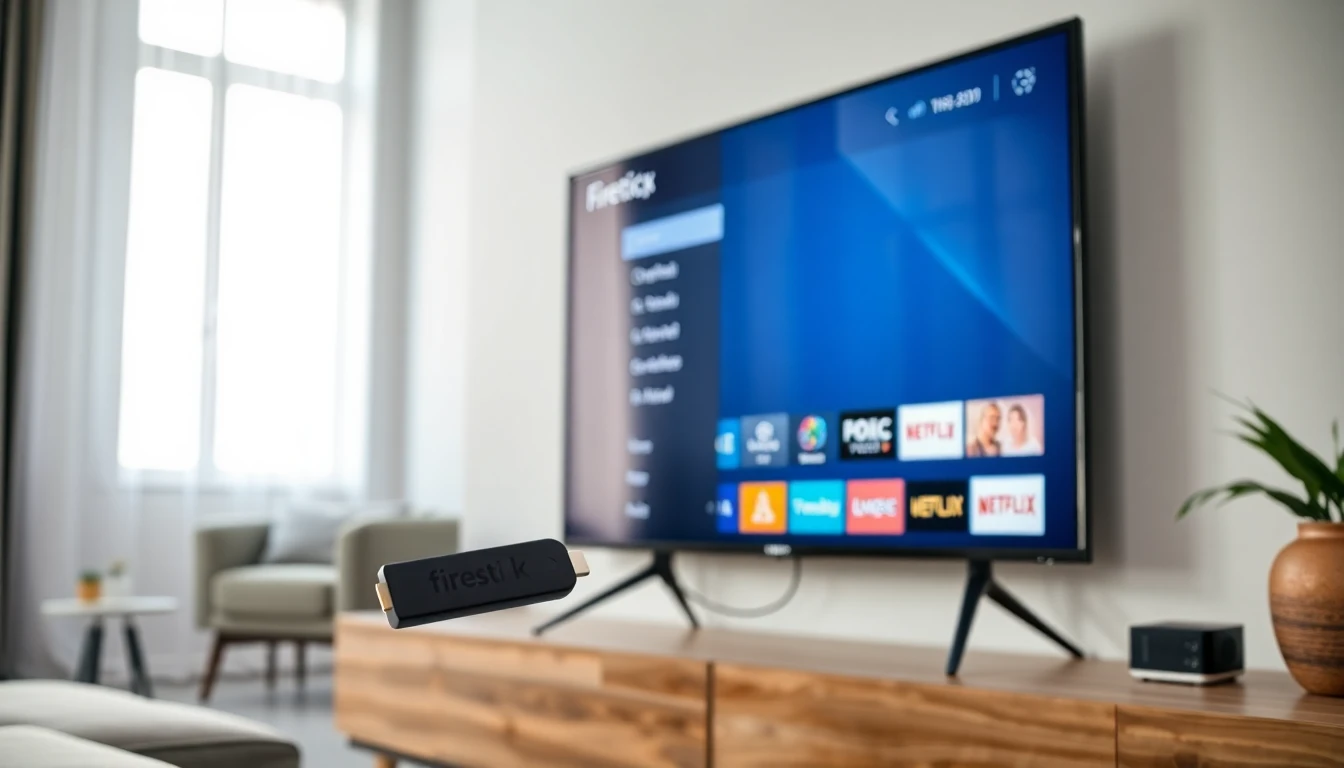 Close-up of a modern smart TV setup showing IPTV app interface with channel list and electronic program guide (EPG). A Firestick device is plugged into the TV. The interface looks clean, modern, and user-friendly. The environment is a minimal living room with soft lighting. Focus on technology, setup simplicity, and streaming apps like IPTV Smarters style UI.