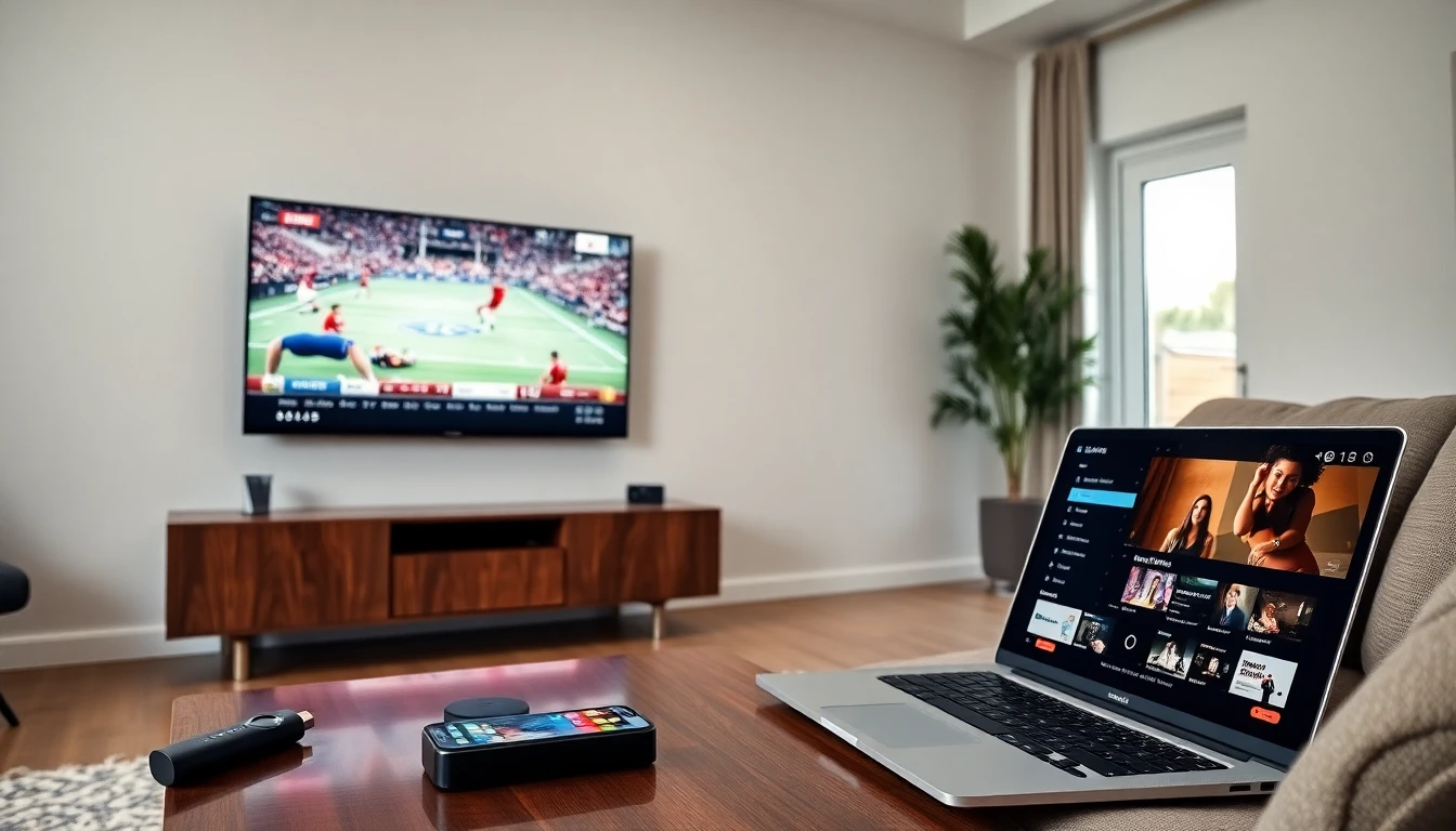 Multi-device IPTV setup showing Firestick, Smart TV, phone, and laptop streaming simultaneously