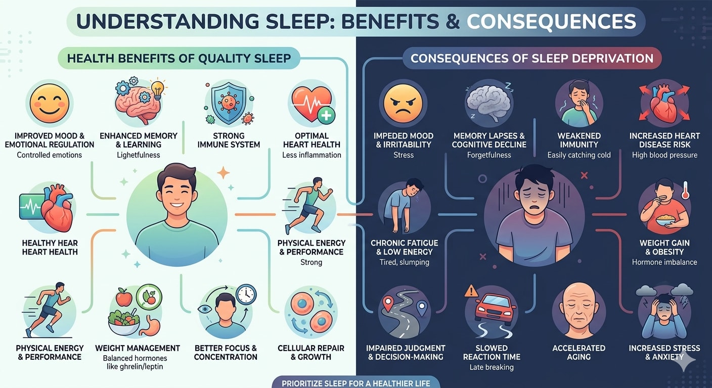 Infographic showing health benefits of quality sleep and consequences of sleep deprivation